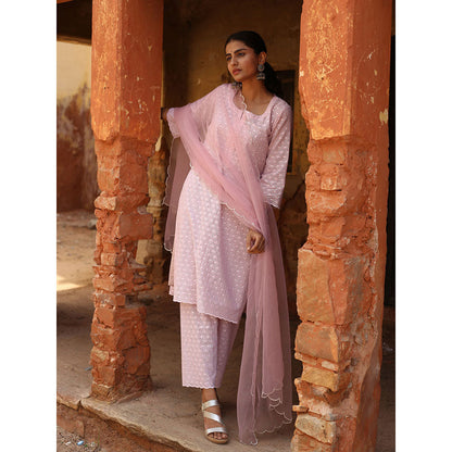 Gulabo Jaipur Pink Chikan Kurta With Pant & Organza Dupatta (Set of 3)