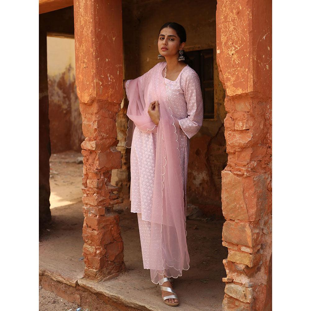 Gulabo Jaipur Pink Chikan Kurta With Pant & Organza Dupatta (Set of 3)