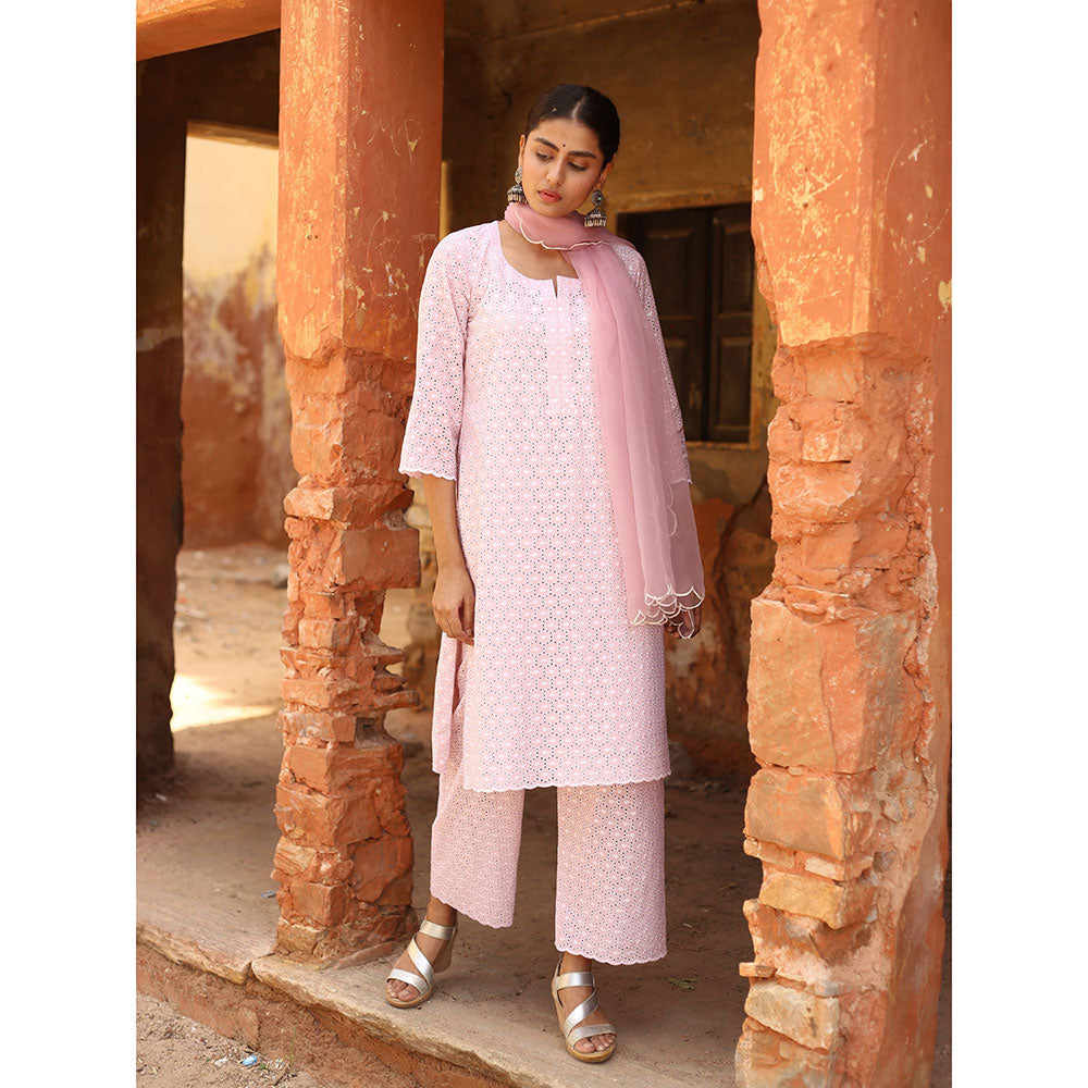 Gulabo Jaipur Pink Chikan Kurta With Pant & Organza Dupatta (Set of 3)