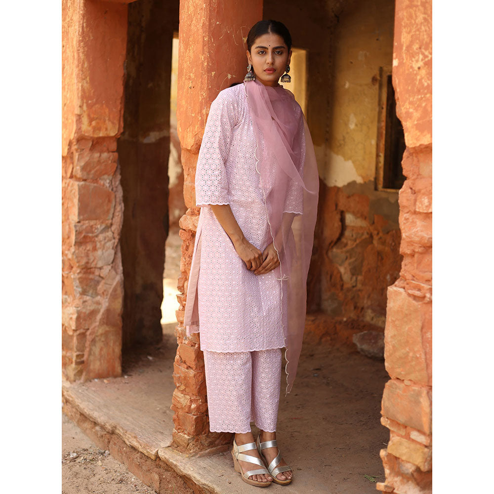 Gulabo Jaipur Pink Chikan Kurta With Pant & Organza Dupatta (Set of 3)