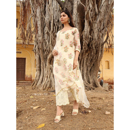 Gulabo Jaipur White Chanderi Kurta With Pyjama & Organza Golden Detailing Dupatta (Set of 3)