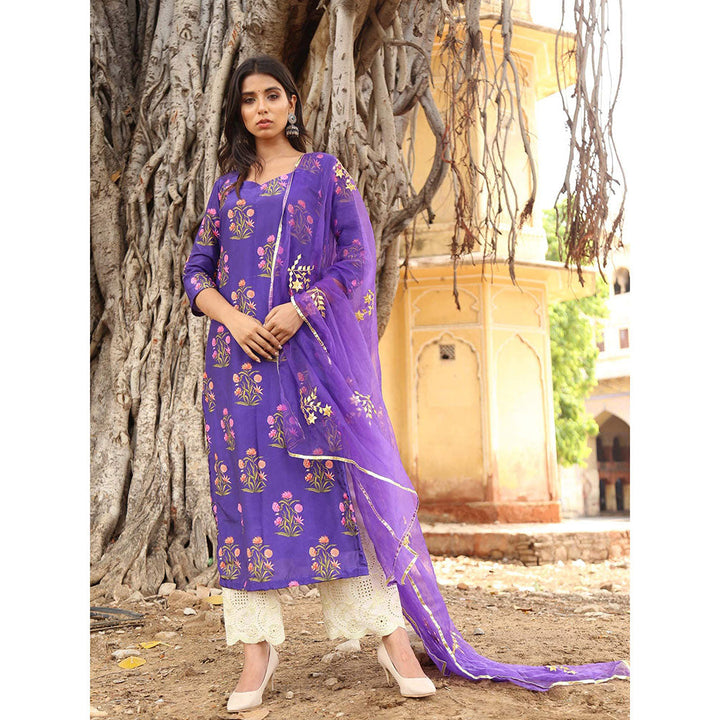 Gulabo Jaipur Purple Chanderi Kurta With Pyjama & Organza Golden Detailing Dupatta (Set of 3)