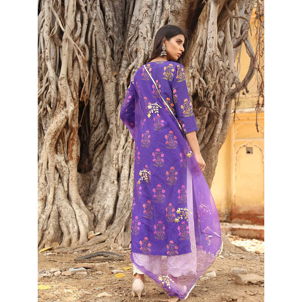 Gulabo Jaipur Purple Chanderi Kurta With Pyjama & Organza Golden Detailing Dupatta (Set of 3)