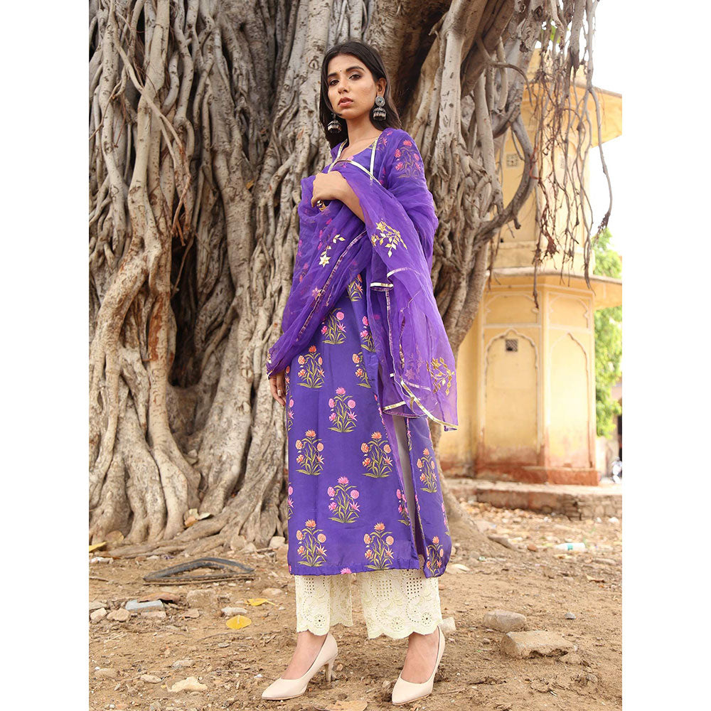 Gulabo Jaipur Purple Chanderi Kurta With Pyjama & Organza Golden Detailing Dupatta (Set of 3)