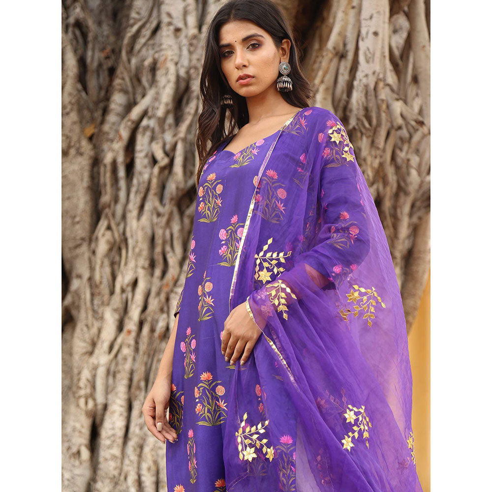 Gulabo Jaipur Purple Chanderi Kurta With Pyjama & Organza Golden Detailing Dupatta (Set of 3)