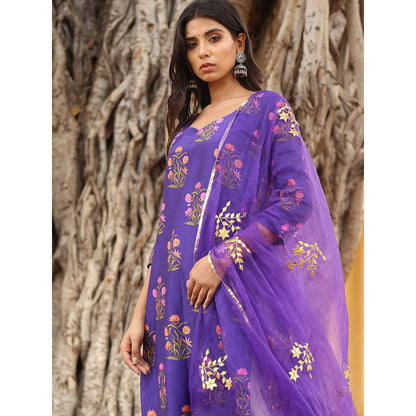 Gulabo Jaipur Purple Chanderi Kurta With Pyjama & Organza Golden Detailing Dupatta (Set of 3)
