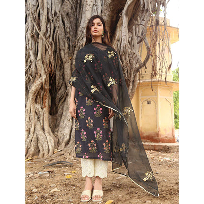 Gulabo Jaipur Black Chanderi Kurta With Pyjama & Organza Gold Detailing Dupatta (Set of 3)