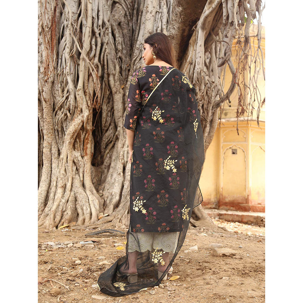 Gulabo Jaipur Black Chanderi Kurta With Pyjama & Organza Gold Detailing Dupatta (Set of 3)