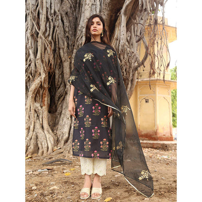 Gulabo Jaipur Black Chanderi Kurta With Pyjama & Organza Gold Detailing Dupatta (Set of 3)