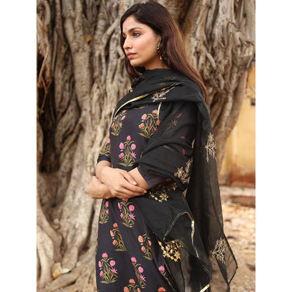 Gulabo Jaipur Black Chanderi Kurta With Pyjama & Organza Gold Detailing Dupatta (Set of 3)