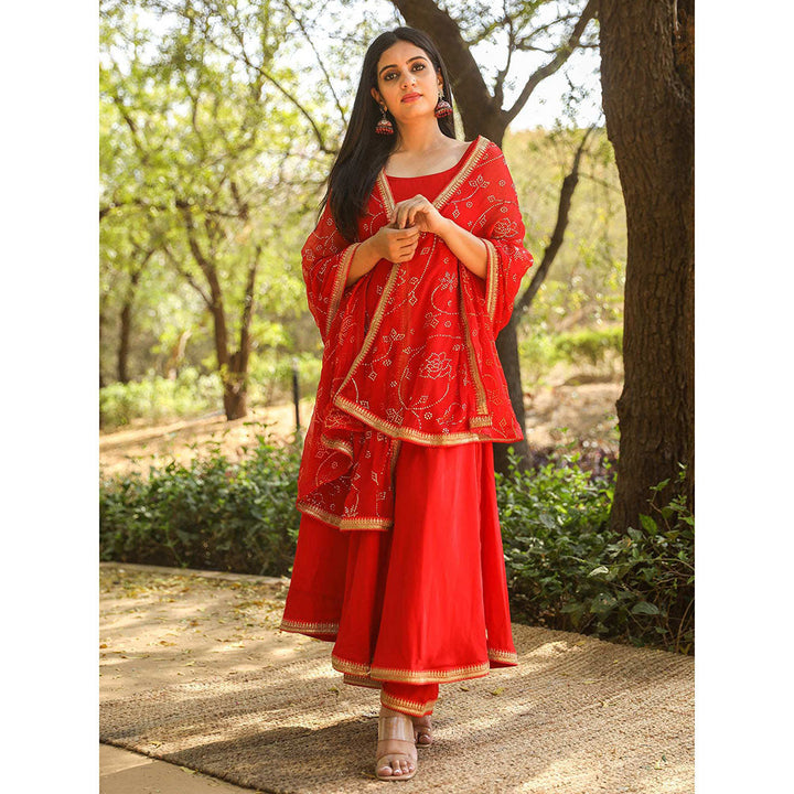 Gulabo Jaipur Nafisa Red Cotton Rayon Kurta With Pyjama & Taari Dupatta (Set of 3)