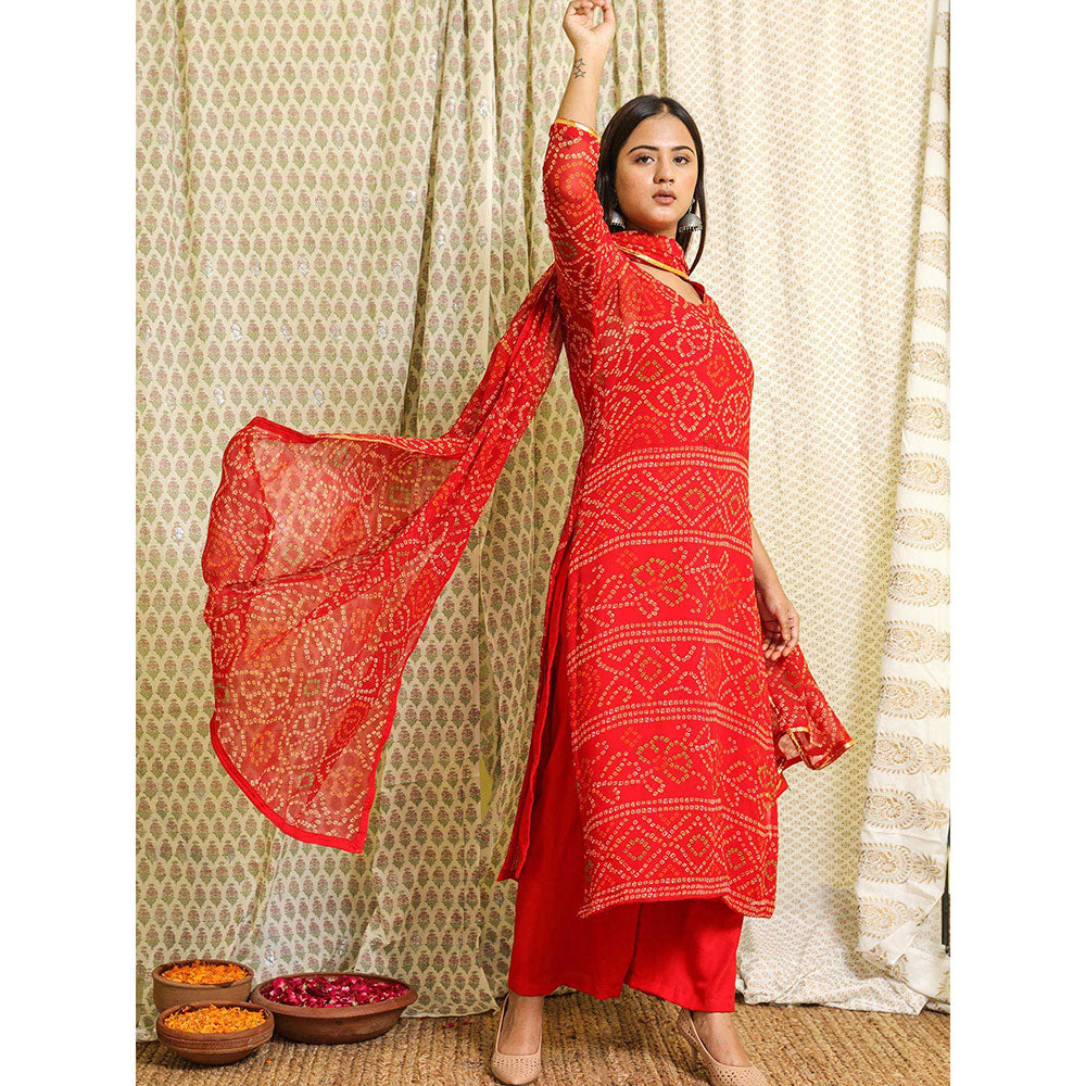 Gulabo Jaipur Red Georgette Kurta With Cotton Pant & Dupatta (Set of 3)