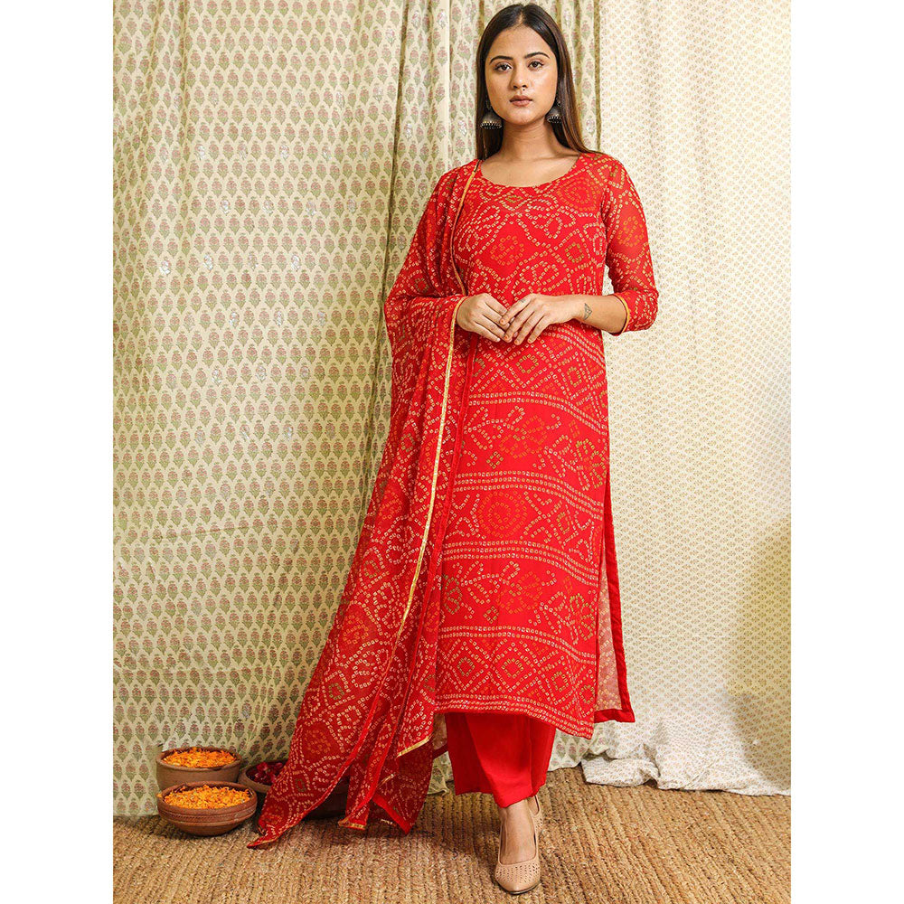 Gulabo Jaipur Red Georgette Kurta With Cotton Pant & Dupatta (Set of 3)