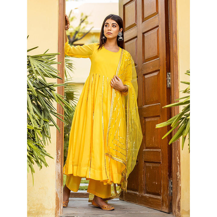 Gulabo Jaipur Yellow Georgette Kurta With Pant & Net Golden Detailing Dupatta (Set of 3)