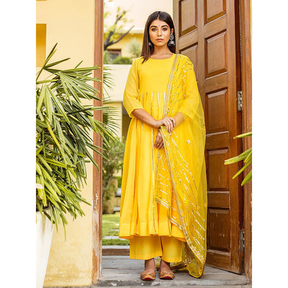 Gulabo Jaipur Yellow Georgette Kurta With Pant & Net Golden Detailing Dupatta (Set of 3)