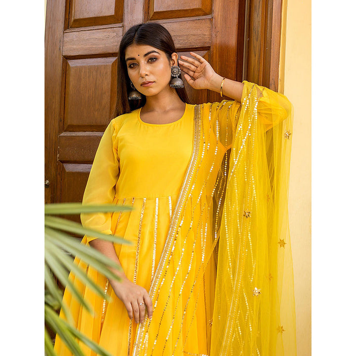 Gulabo Jaipur Yellow Georgette Kurta With Pant & Net Golden Detailing Dupatta (Set of 3)