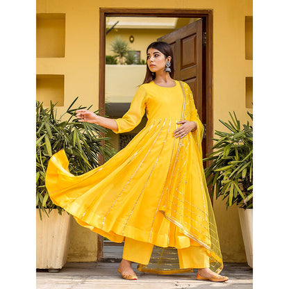 Gulabo Jaipur Yellow Georgette Kurta With Pant & Net Golden Detailing Dupatta (Set of 3)