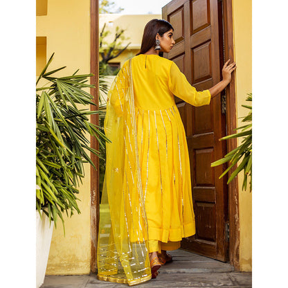 Gulabo Jaipur Yellow Georgette Kurta With Pant & Net Golden Detailing Dupatta (Set of 3)