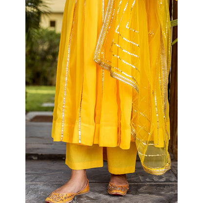 Gulabo Jaipur Yellow Georgette Kurta With Pant & Net Golden Detailing Dupatta (Set of 3)