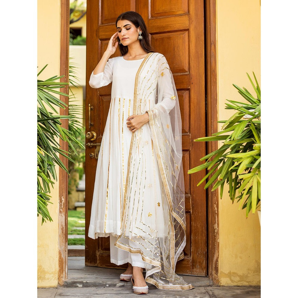 Gulabo Jaipur White Georgette Kurta With Pant & Net Golden Detailing Dupatta (Set of 3)
