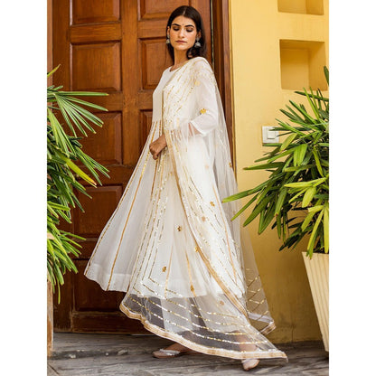 Gulabo Jaipur White Georgette Kurta With Pant & Net Golden Detailing Dupatta (Set of 3)