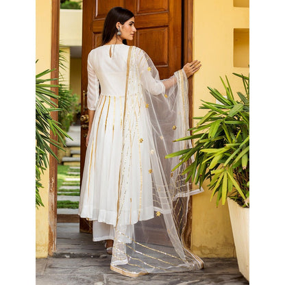 Gulabo Jaipur White Georgette Kurta With Pant & Net Golden Detailing Dupatta (Set of 3)