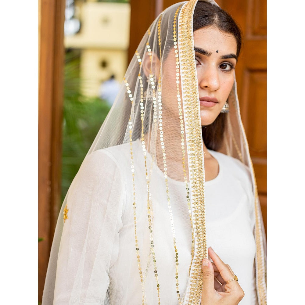 Gulabo Jaipur White Georgette Kurta With Pant & Net Golden Detailing Dupatta (Set of 3)