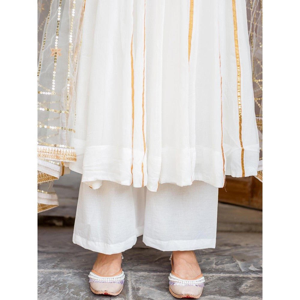 Gulabo Jaipur White Georgette Kurta With Pant & Net Golden Detailing Dupatta (Set of 3)