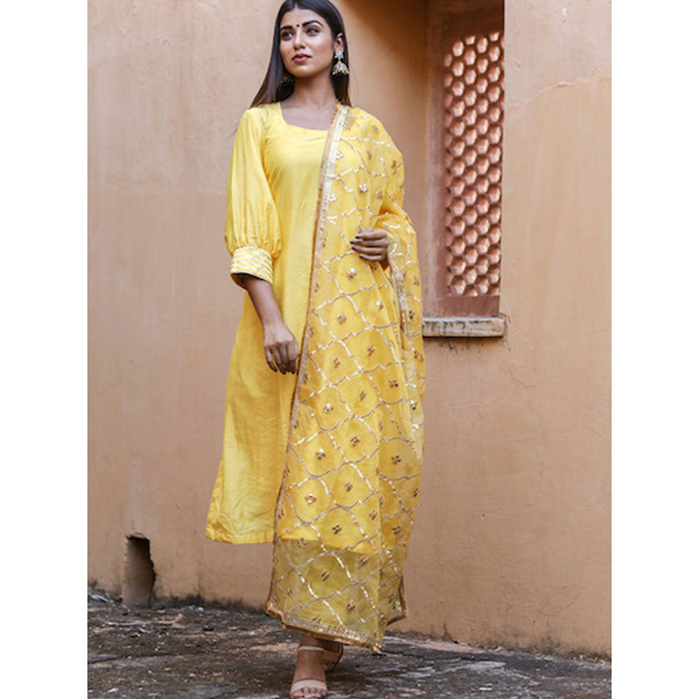 Gulabo Jaipur Yellow Opada Glass Organza Kurta With Pant & Full Jaal Work Dupatta (Set of 3)