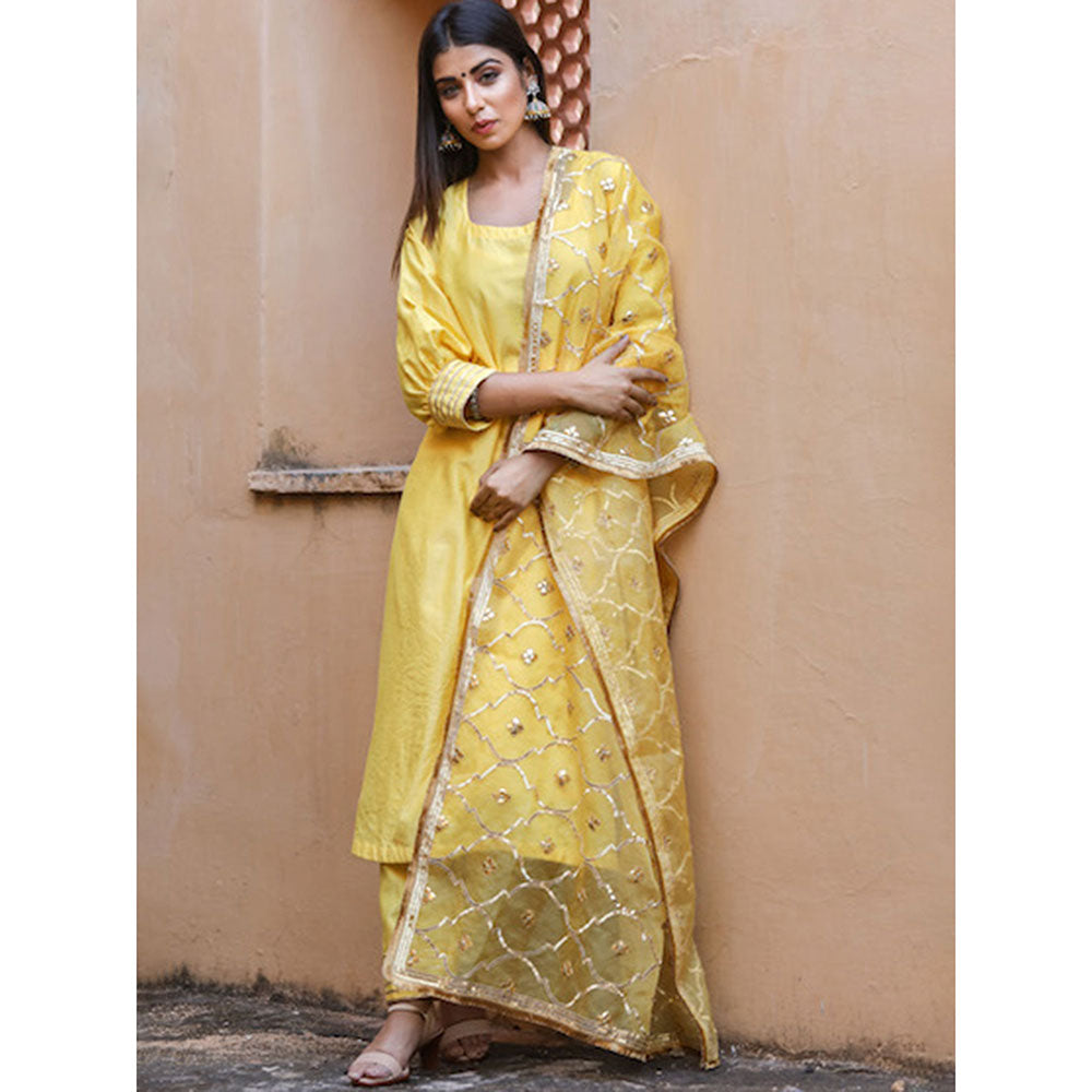 Gulabo Jaipur Yellow Opada Glass Organza Kurta With Pant & Full Jaal Work Dupatta (Set of 3)