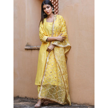 Gulabo Jaipur Yellow Opada Glass Organza Kurta With Pant & Full Jaal Work Dupatta (Set of 3)