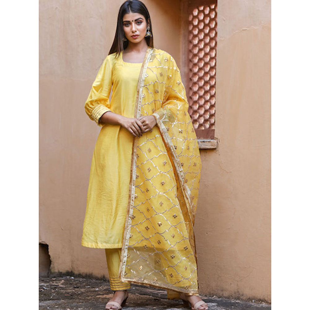 Gulabo Jaipur Yellow Opada Glass Organza Kurta With Pant & Full Jaal Work Dupatta (Set of 3)