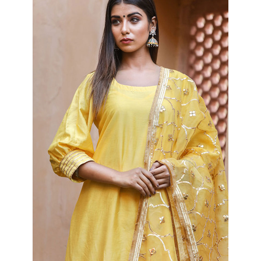 Gulabo Jaipur Yellow Opada Glass Organza Kurta With Pant & Full Jaal Work Dupatta (Set of 3)