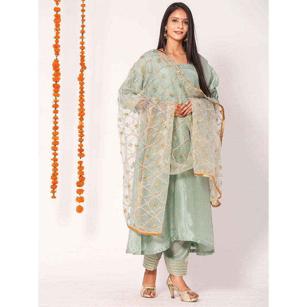 Gulabo Jaipur Blue Opada Glass Organza Kurta With Pant & Full Jaal Work Dupatta (Set of 3)