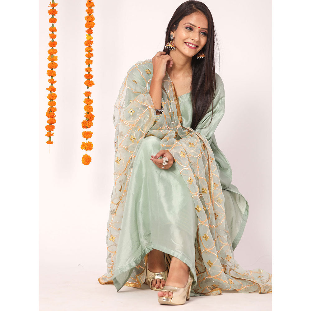 Gulabo Jaipur Blue Opada Glass Organza Kurta With Pant & Full Jaal Work Dupatta (Set of 3)