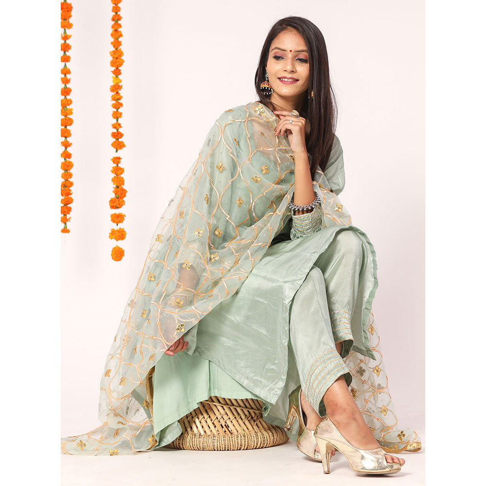 Gulabo Jaipur Blue Opada Glass Organza Kurta With Pant & Full Jaal Work Dupatta (Set of 3)