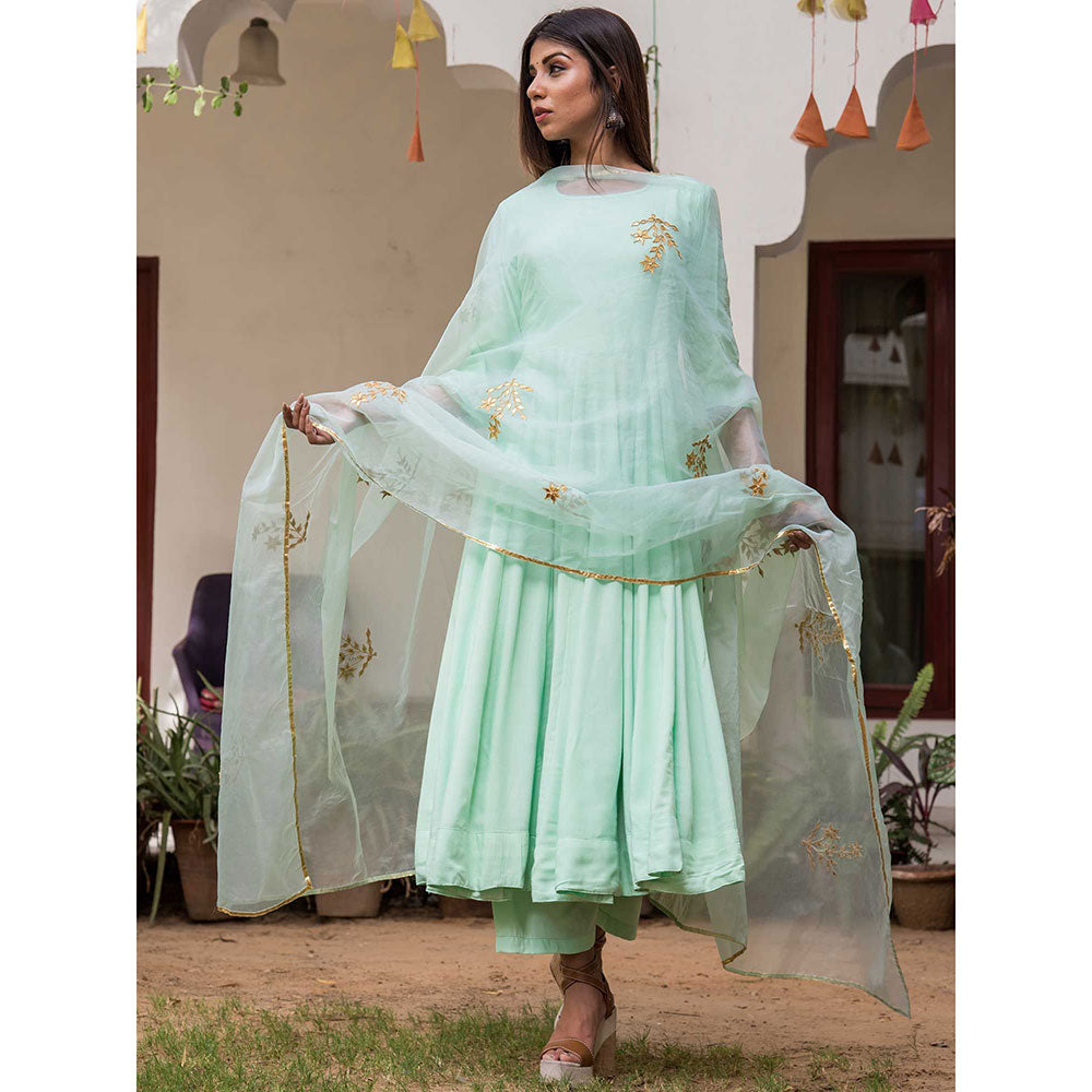 Gulabo Jaipur Mint Mulmul Kurta With Pant & Organza Golden Detailing Dupatta (Set of 3)