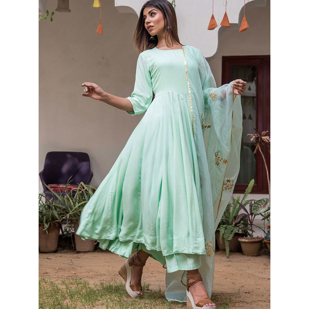 Gulabo Jaipur Mint Mulmul Kurta With Pant & Organza Golden Detailing Dupatta (Set of 3)