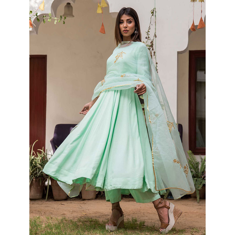 Gulabo Jaipur Mint Mulmul Kurta With Pant & Organza Golden Detailing Dupatta (Set of 3)