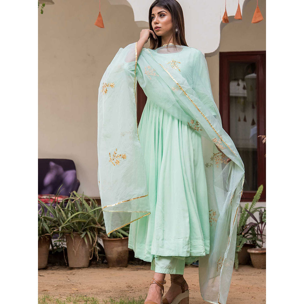 Gulabo Jaipur Mint Mulmul Kurta With Pant & Organza Golden Detailing Dupatta (Set of 3)