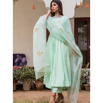 Gulabo Jaipur Mint Mulmul Kurta With Pant & Organza Golden Detailing Dupatta (Set of 3)