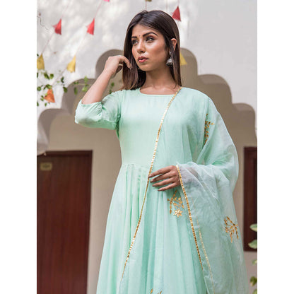 Gulabo Jaipur Mint Mulmul Kurta With Pant & Organza Golden Detailing Dupatta (Set of 3)