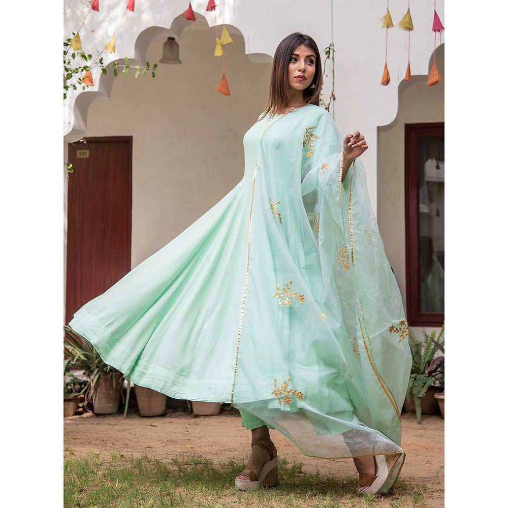 Gulabo Jaipur Mint Mulmul Kurta With Pant & Organza Golden Detailing Dupatta (Set of 3)