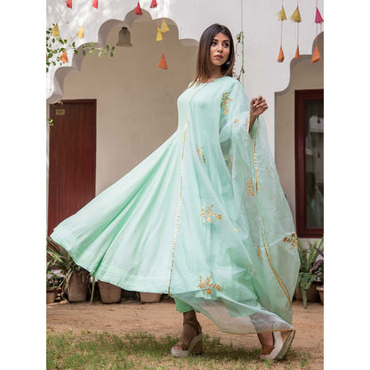Gulabo Jaipur Mint Mulmul Kurta With Pant & Organza Golden Detailing Dupatta (Set of 3)