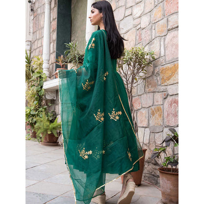 Gulabo Jaipur Green Mulmul Kurta With Pant & Organza Golden Detailing Dupatta (Set of 3)