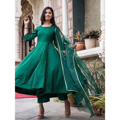 Gulabo Jaipur Green Mulmul Kurta With Pant & Organza Golden Detailing Dupatta (Set of 3)