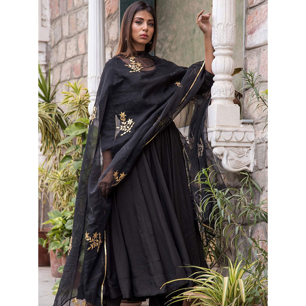 Gulabo Jaipur Black Mulmul Kurta With Pant & Organza Golden Detailing Dupatta (Set of 3)