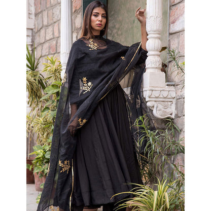 Gulabo Jaipur Black Mulmul Kurta With Pant & Organza Golden Detailing Dupatta (Set of 3)