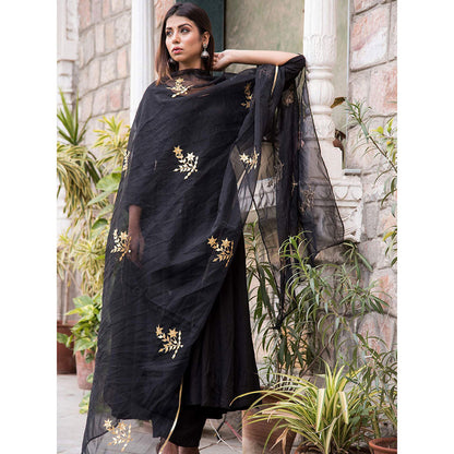 Gulabo Jaipur Black Mulmul Kurta With Pant & Organza Golden Detailing Dupatta (Set of 3)