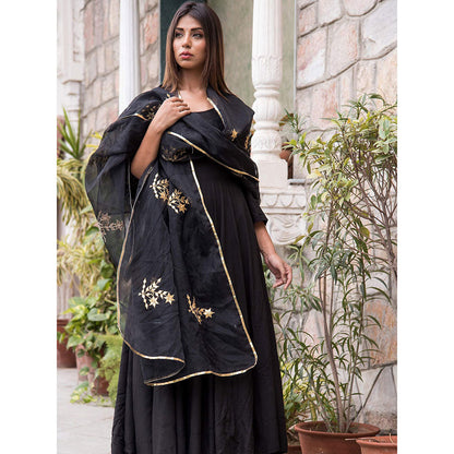 Gulabo Jaipur Black Mulmul Kurta With Pant & Organza Golden Detailing Dupatta (Set of 3)